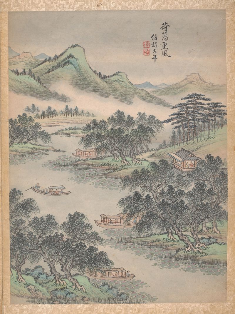 Eight Landscapes Pl.3 de Lu Han, que representa un río y colinas en tinta