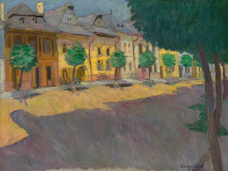 Ulica v Kežmarku by Konštantín Kövári-Kačmarik, depicting a lively street scene, oil painting