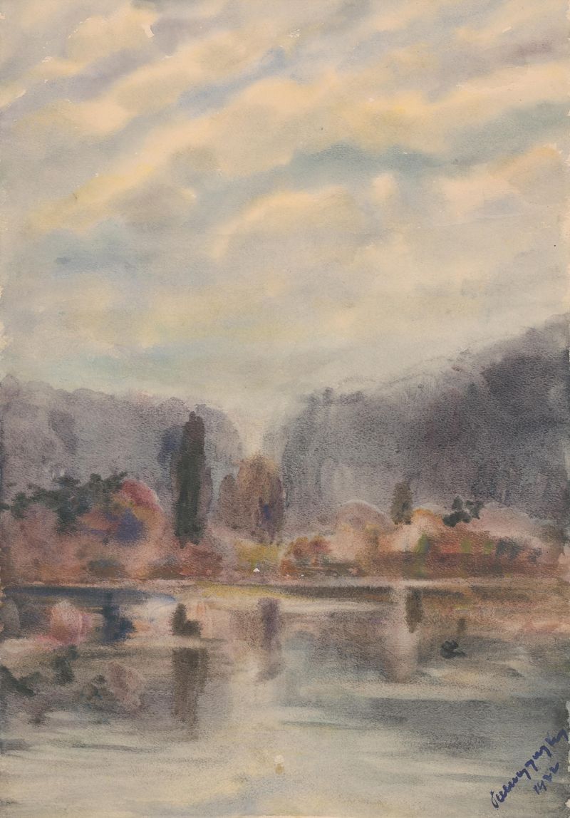 Crepúsculo en un estanque de Zolo Palugyay, óleo sobre lienzo que muestra un estanque tranquilo al atardecer.