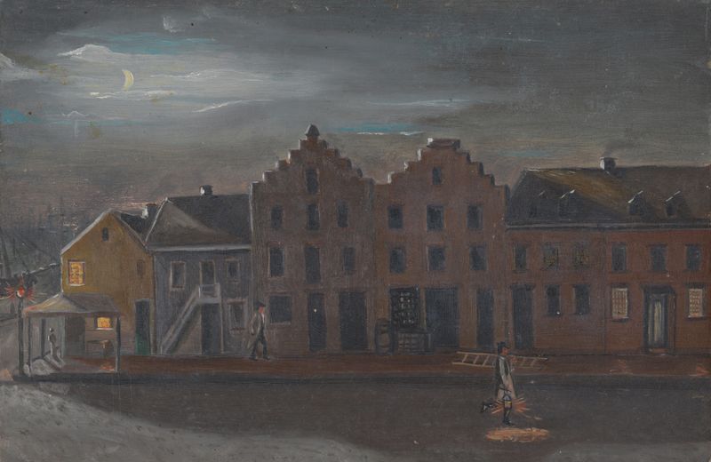 The Lamp Lighter by William P. Chappel, oil on canvas depicting a man lighting a lamp in an urban setting.