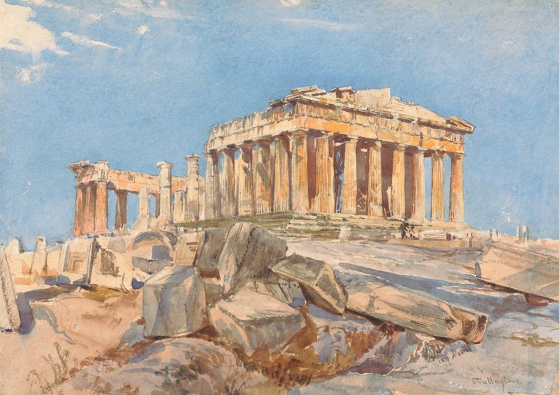 The Parthenon at twilight, watercolor on paper by John Fulleylove