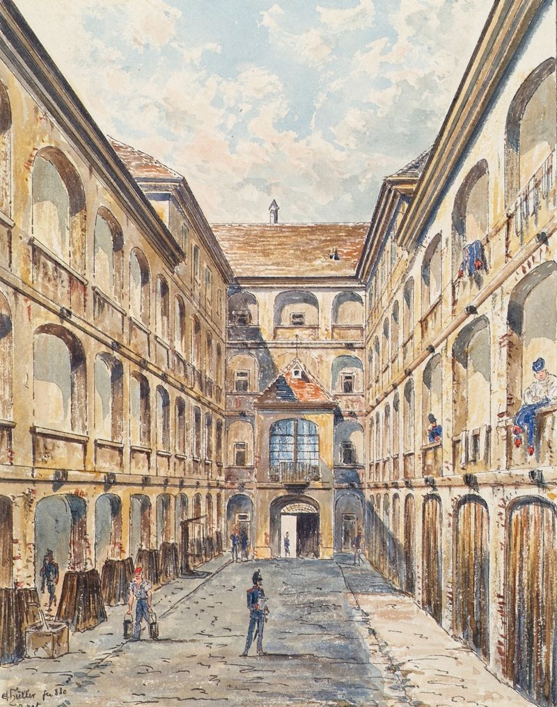 Architecture of Salzgries-Kaserne in Vienna, oil painting by Emil Hütter