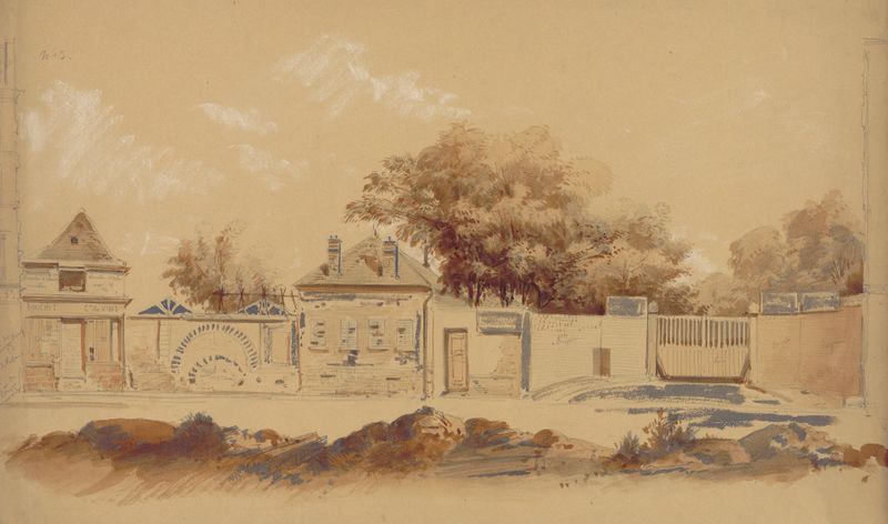 Vieux Bercy, N° 3 de Jules-Adolphe Chauvet, óleo sobre lienzo, representa un pueblo con edificios rústicos y un cielo nubl...