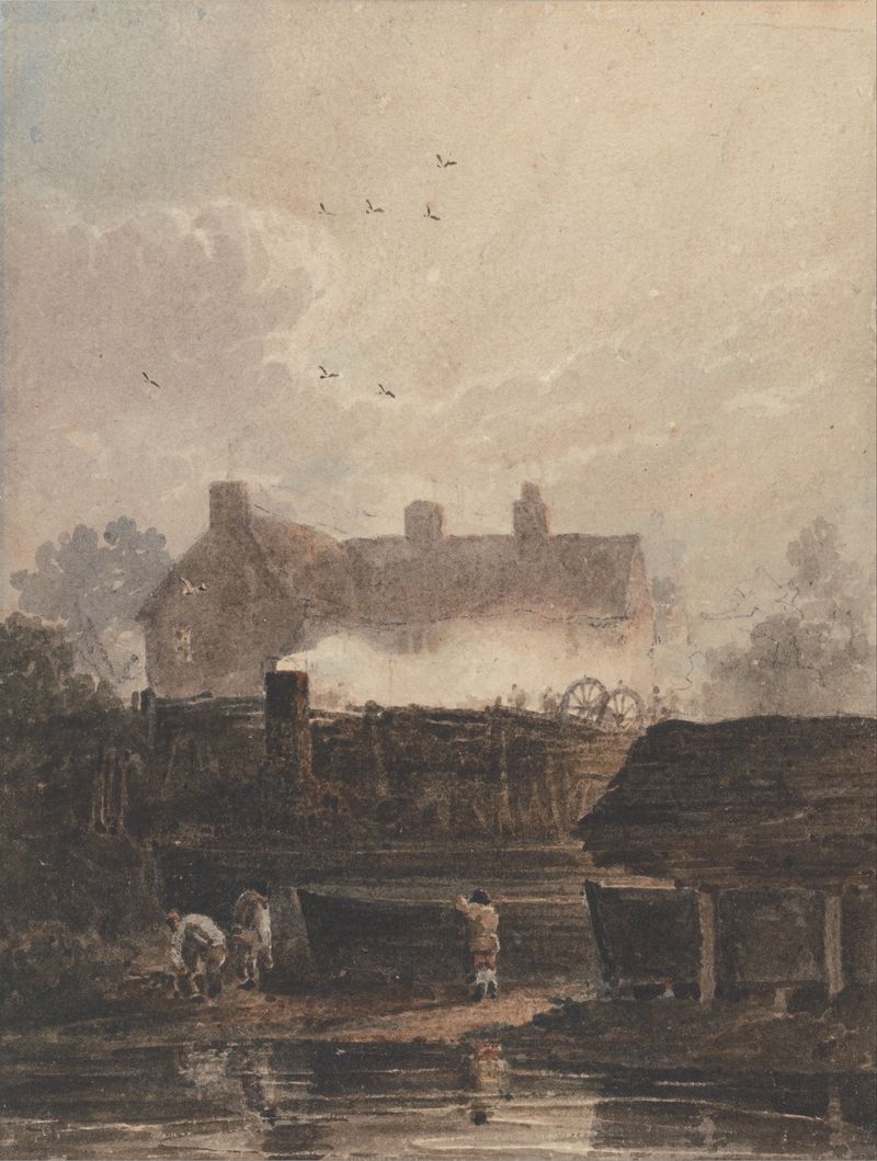 Boat Building de David Cox, óleo sobre lienzo que muestra una escena de astillero.