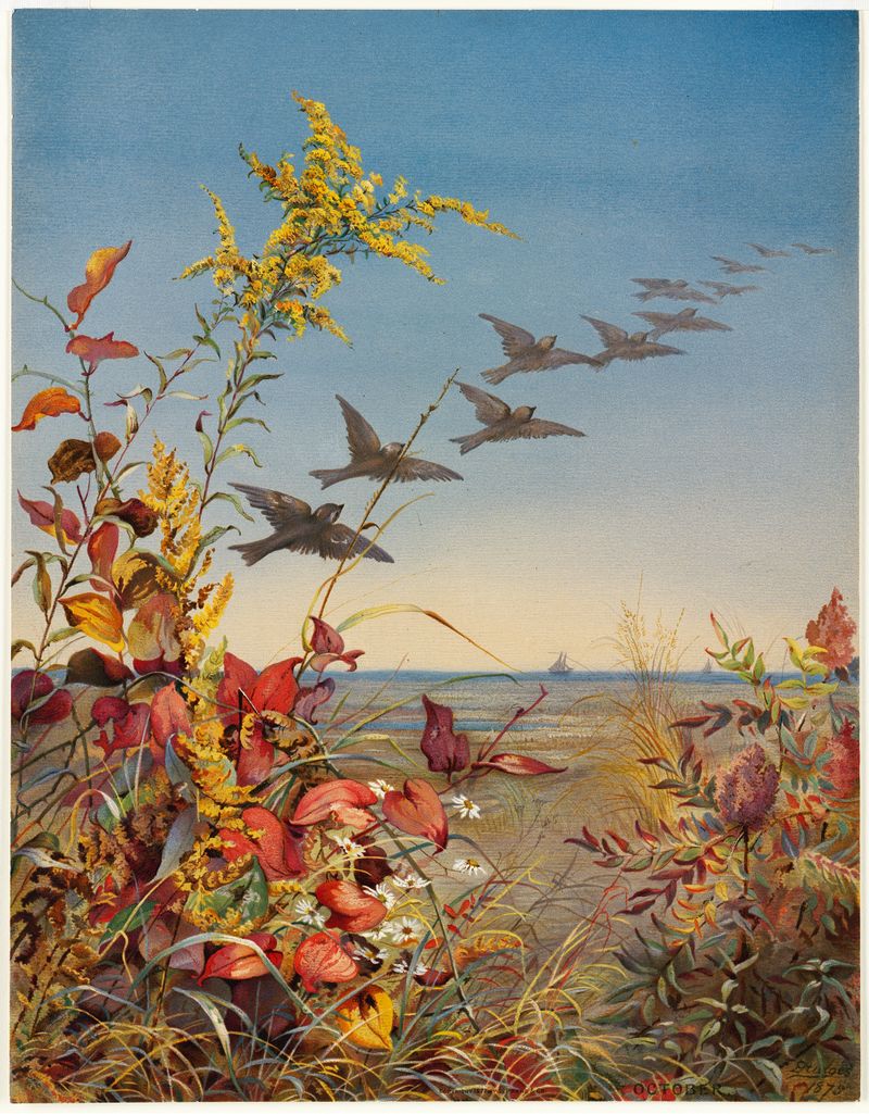 Watercolour by Fidelia Bridges depicting autumn leaves in a tranquil landscape.