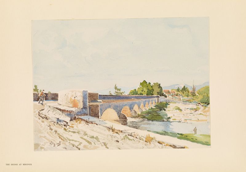 El puente en Mirepoix de Pierre Vignal, impresionismo, paisaje con luz y piedra
