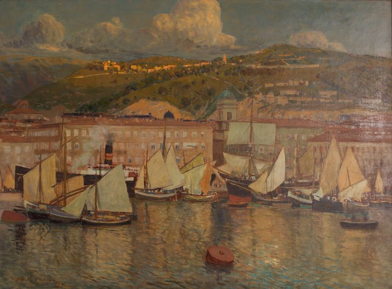 Sommerabend (Hafen von Fiume) de Raoul Frank, impressionismo, retratando um porto sereno ao crepúsculo