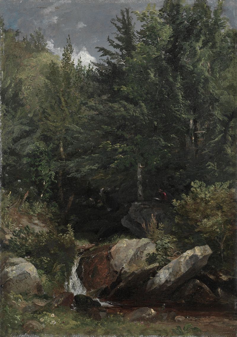 Árvores e um Riacho em uma Ladeira, óleo sobre tela de Jasper Francis Cropsey