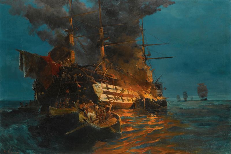The Burning Of A Turkish Frigate, oil painting by Konstantinos Volanakis, depicting a frigate engulfed in flames at sea.