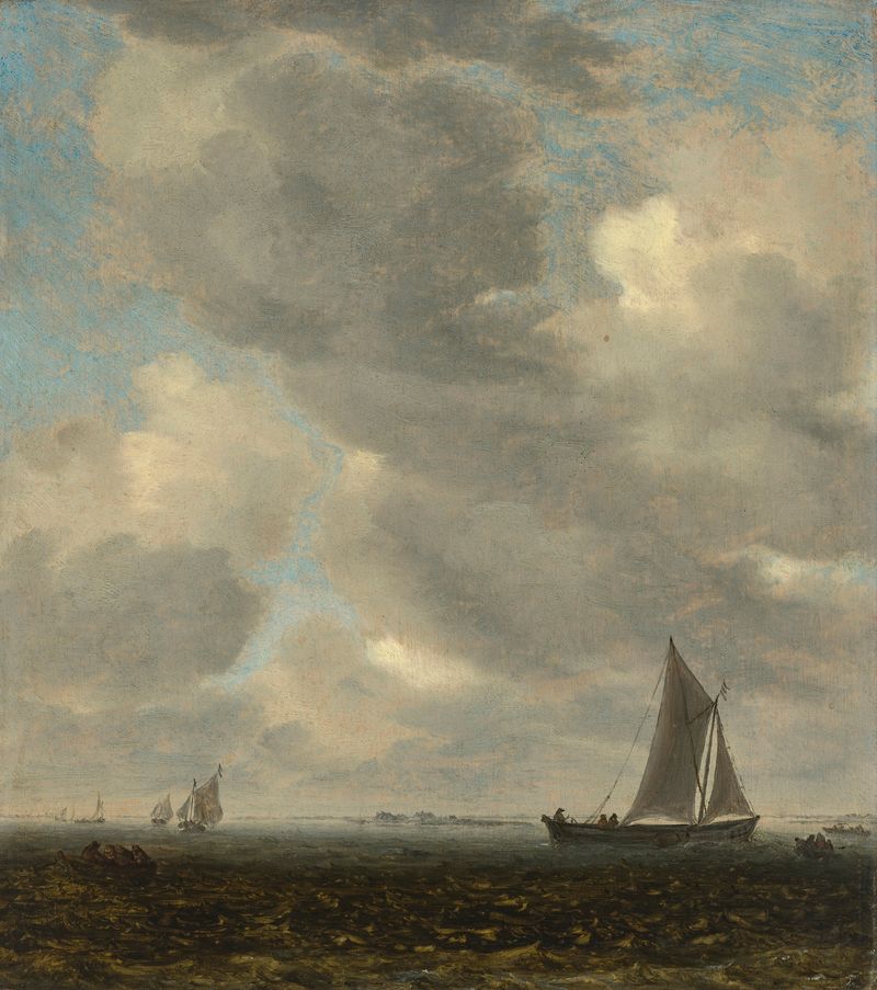 Cena de estuário com navegação leve, óleo sobre tela de Salomon van Ruysdael