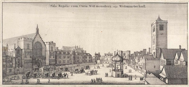 Grabado de Westminster Hall bajo un cielo nublado por Wenceslaus Hollar