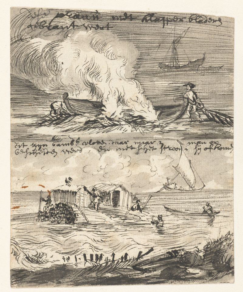Schetsen van een prauw en twee bamboevlotten by Wouter Schouten, drawing of boats on a river