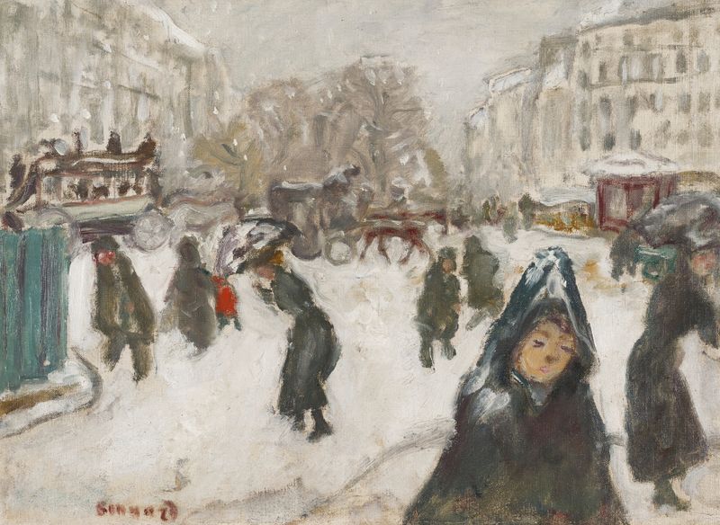 Rue sous la neige, oil painting by Pierre Bonnard, showing a snowy street with cobblestones.
