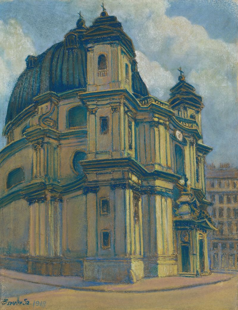 Kostol vo Viedni de Konštantín Bauer, arquitectura al atardecer, pintura al óleo