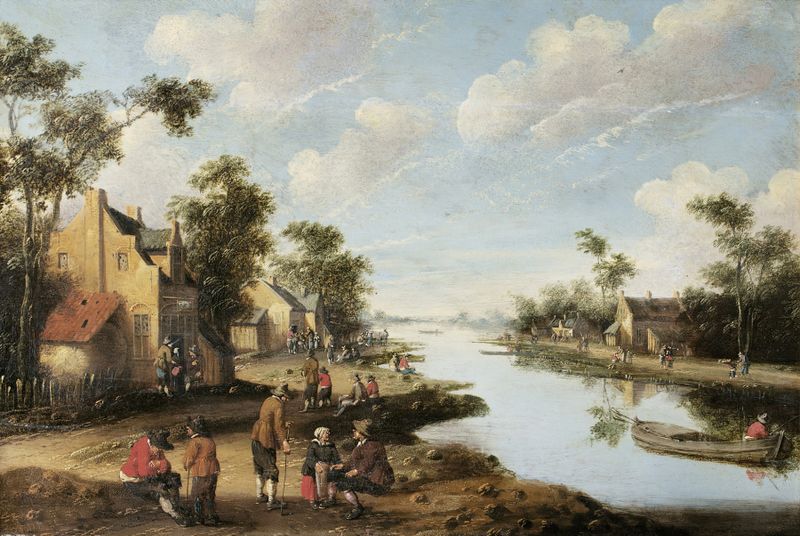Uma paisagem de rio com figuras descansando perto de uma estalagem, óleo sobre tela de Joost Cornelisz Droochsloot.