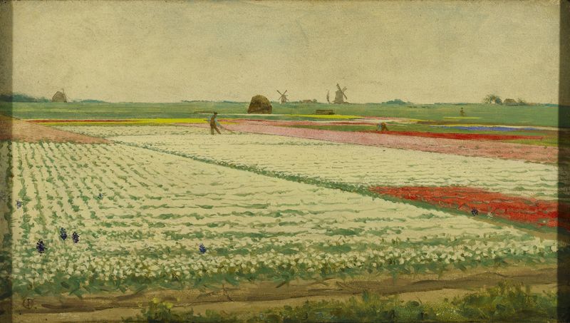Tulip Fields de Gerrit Willem Dijsselhof, pintura al óleo que muestra tulipanes vibrantes en un paisaje exuberante.