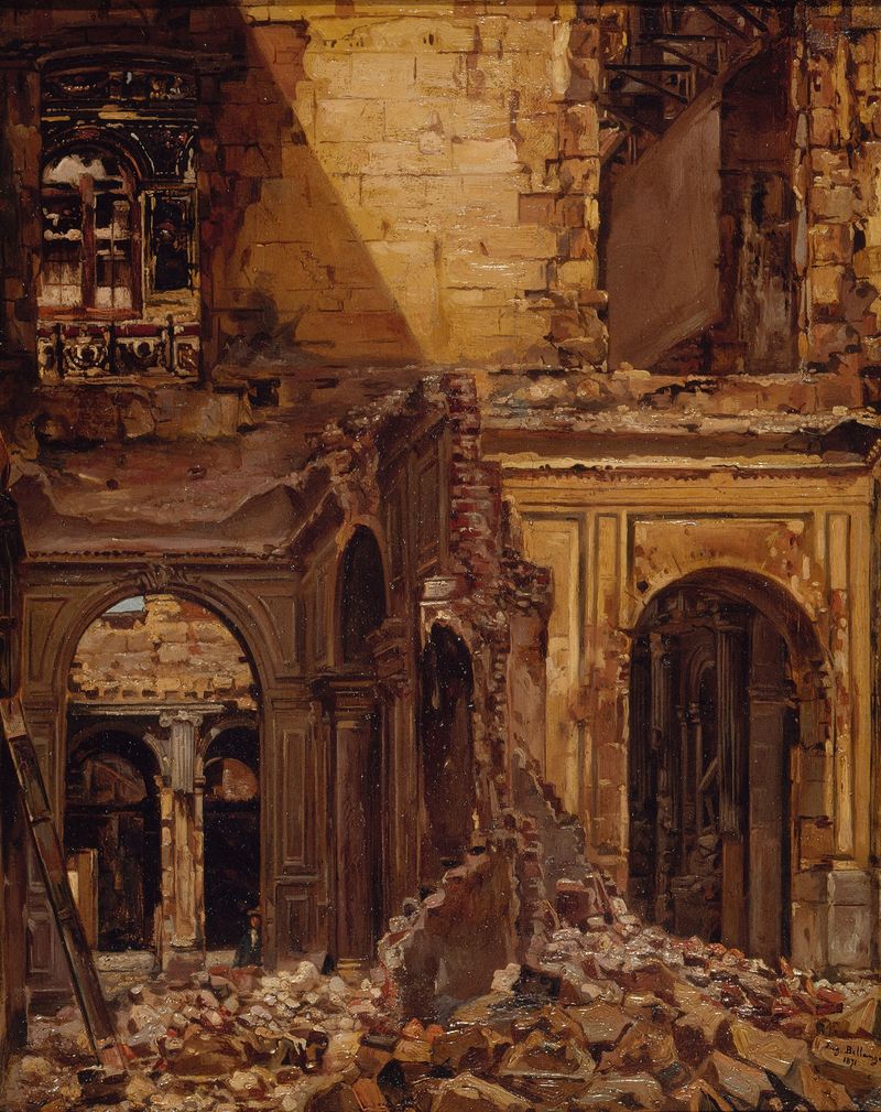 Ruines des Tuileries de Eugène Bellangé, óleo sobre tela que retrata ruínas após o incêndio de 1871.