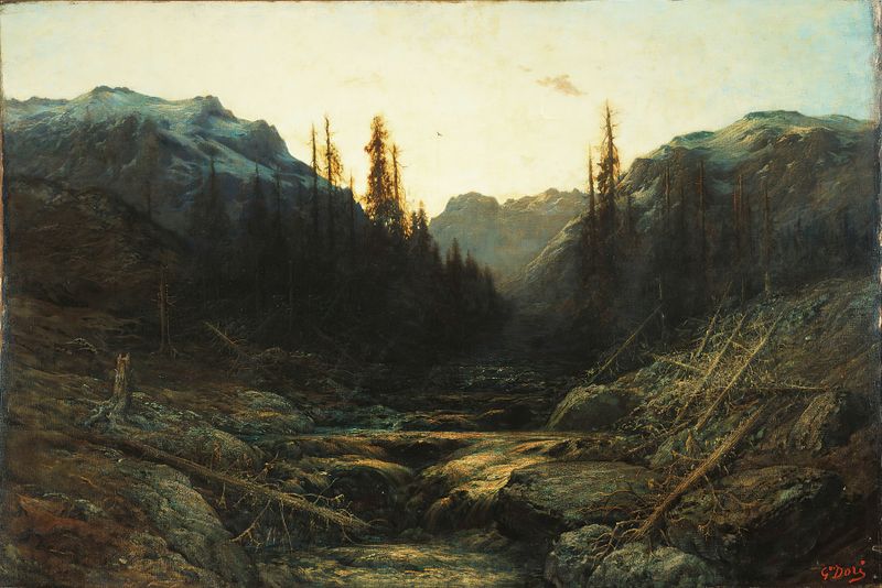 Stream in Mountains at Dusk, oil painting by Gustave Doré, featuring a tranquil stream and mountains at dusk.