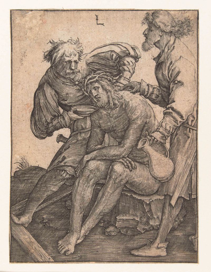 Grabado de Lucas van Leyden que muestra soldados ofreciendo agua a Cristo
