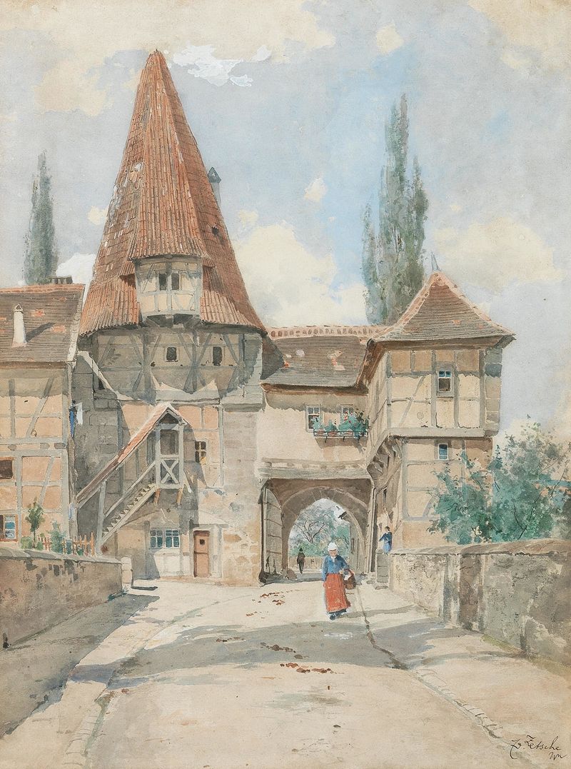 The Rädelseer Gate in Iphoven, óleo sobre tela de Eduard Zetsche, apresentando um delicado arco em uma paisagem suave.