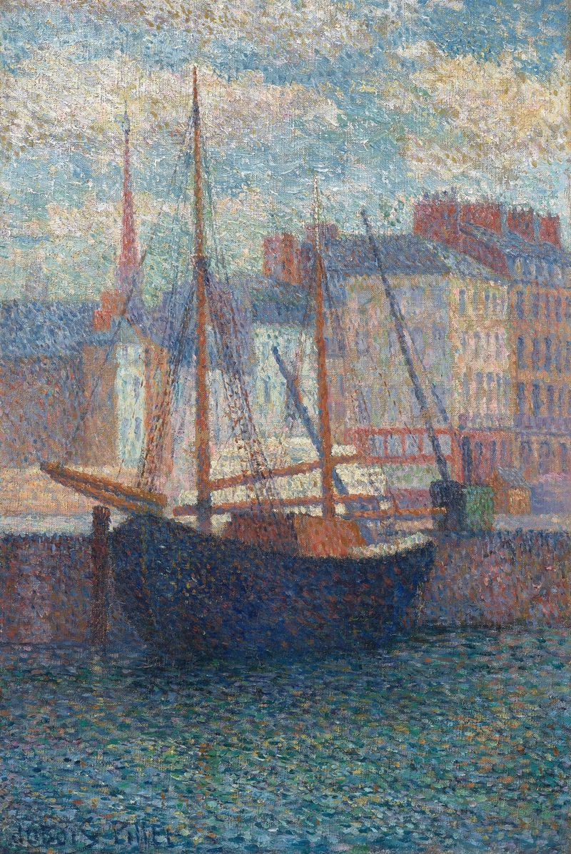 Marine scene with sailboats in harbor, oil painting by Albert Dubois-Pillet
