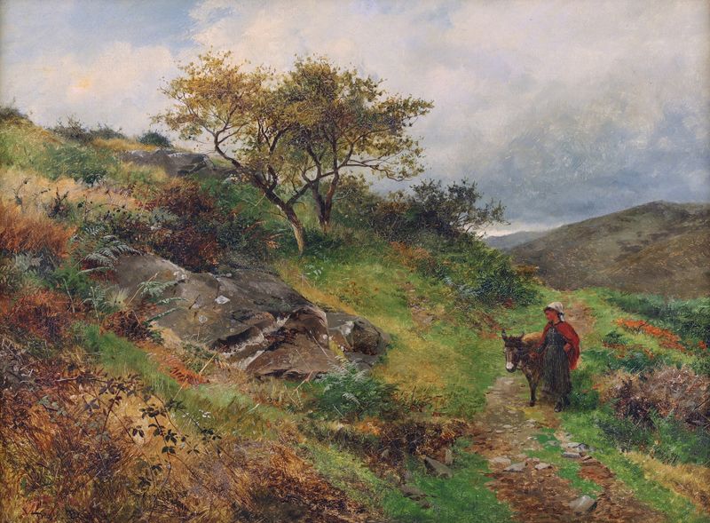 Figurative scene of a girl with a donkey in a mountain landscape by David Bates, oil painting