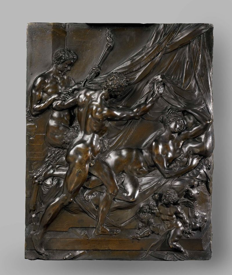 Relieve de bronce de Adriaen de Vries que representa a Baco, Ariadna y un sátiro con una antorcha.