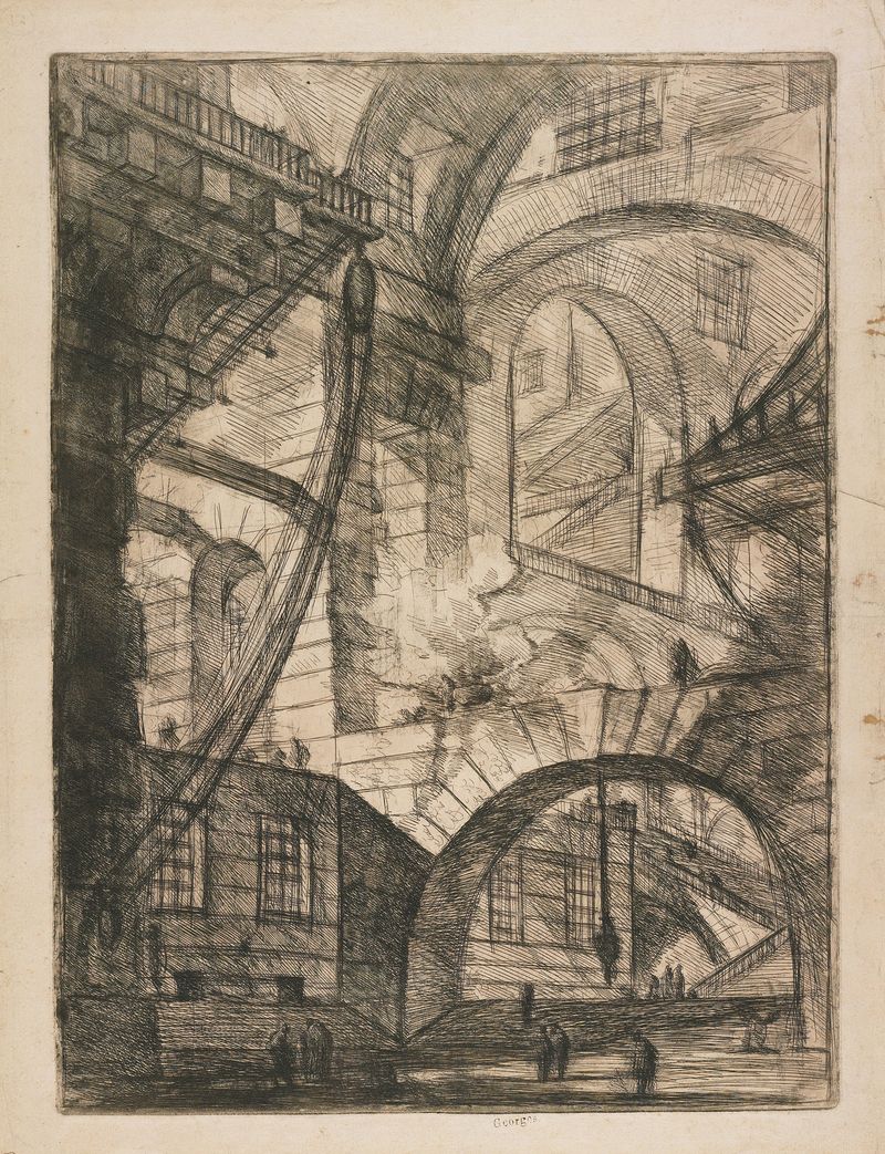 Etching by Giovanni Battista Piranesi depicting arches and a smoking fire