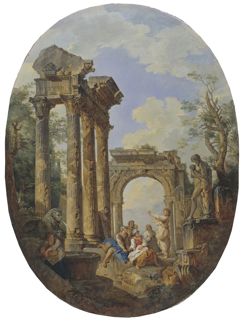 Roman Ruins by Giovanni Paolo Panini, oil on canvas, featuring ancient pillars and sunlight.