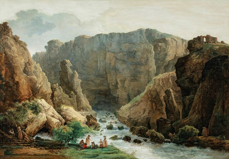As Fontes de Fontaine De Vaucluse, óleo sobre tela de Hubert Robert, com uma cachoeira e vegetação exuberante.