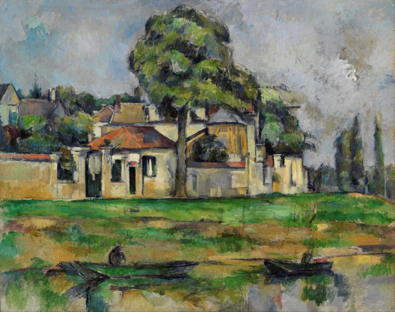 Banks of the Marne, óleo sobre tela de Paul Cezanne, representando uma paisagem de rio tranquila
