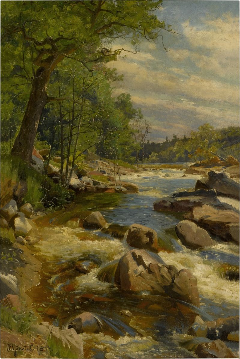 A Fast Flowing River de Peder Mørk Mønsted, pintura a óleo que retrata um rio em uma paisagem tranquila.