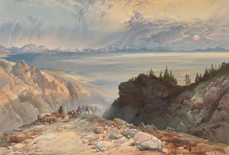 Pintura a óleo do Grande Lago Salgado de Utah por Thomas Moran, apresentando cores vibrantes e luz solar.