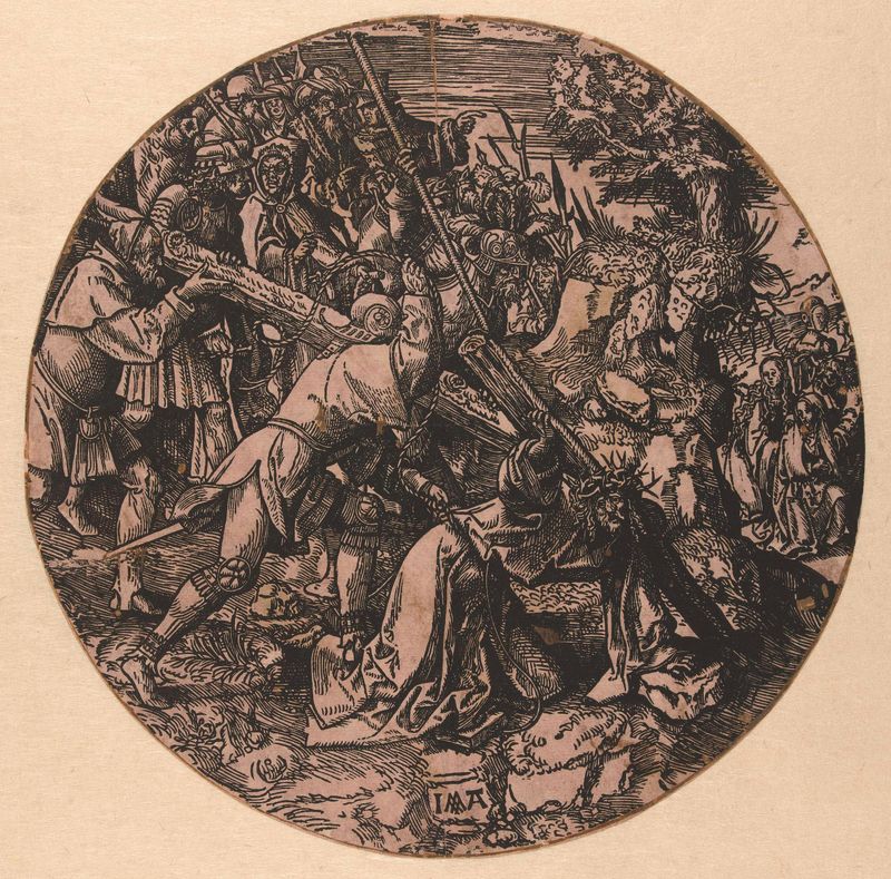 Kruisdraging de Jacob Cornelisz van Oostsanen, óleo sobre panel, que representa a Cristo cargando la cruz.