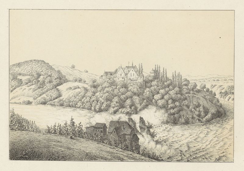 Cena de cachoeira de Johann Friedrich Wagner, Romantismo, retratando água corrente e rochas.