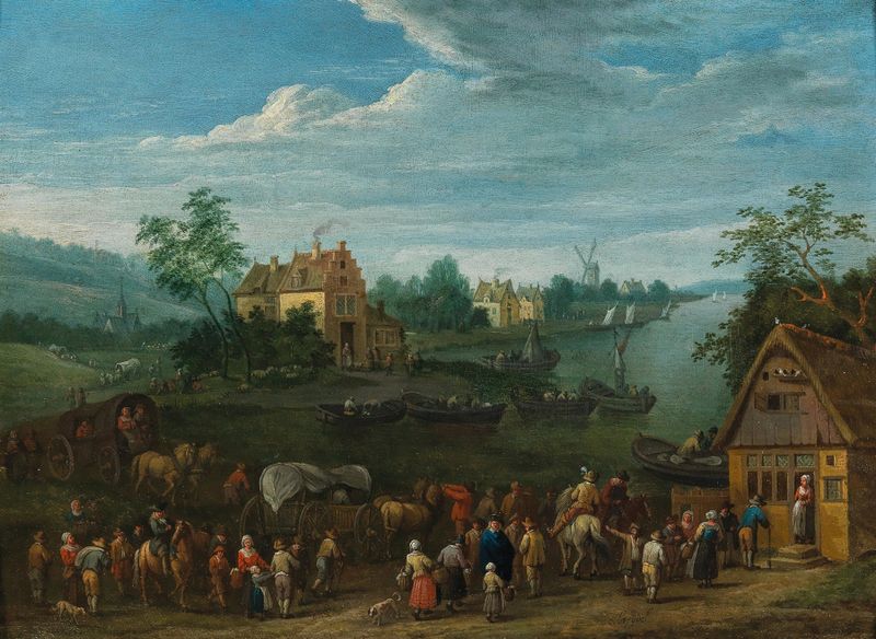 A river landscape with travellers, oil on canvas by Karel Breydel