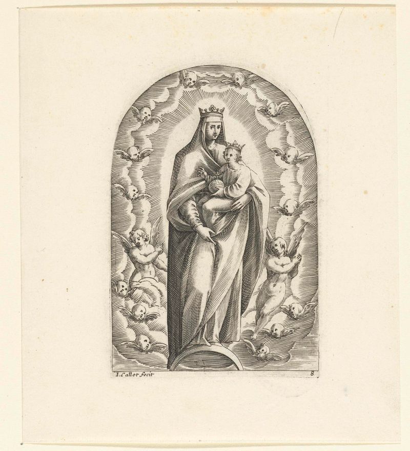 Grabado de Jacques Callot que representa a un niño y una figura en una luna creciente.