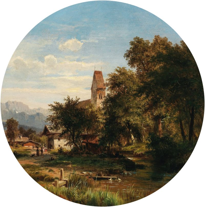 A Scene in the Lower Inn Valley, óleo sobre tela de Ludwig Halauska, com folhagem exuberante e nuvens ameaçadoras.