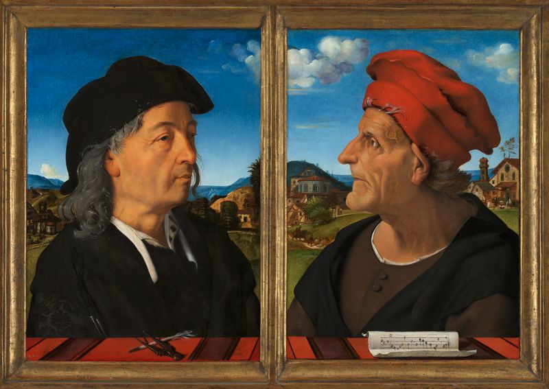 Retratos de Giuliano e Francesco Giamberti da Sangallo, óleo sobre painel de Piero di Cosimo