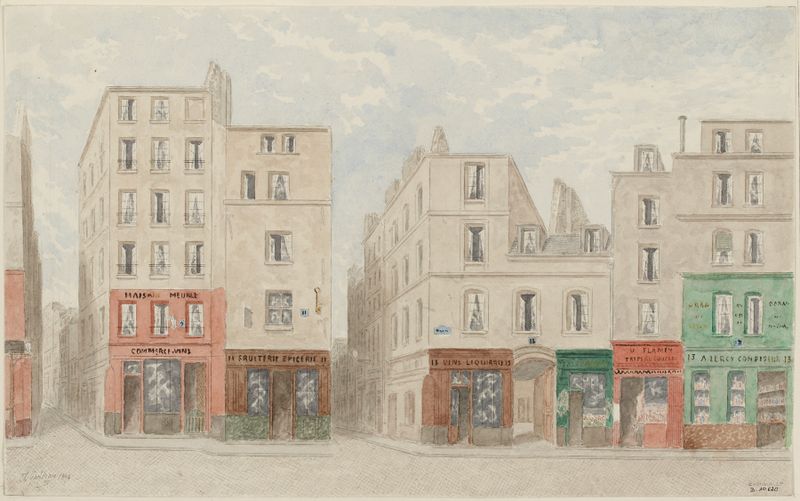 Rue Beaubourg nº9 à 13 de Jules Gaildrau, óleo sobre tela representando uma cena de rua vibrante
