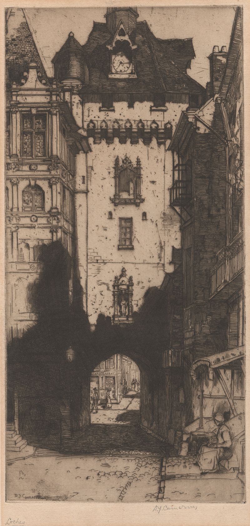 Loches, gravura de David Young Cameron que retrata uma paisagem serena com luz e sombra.
