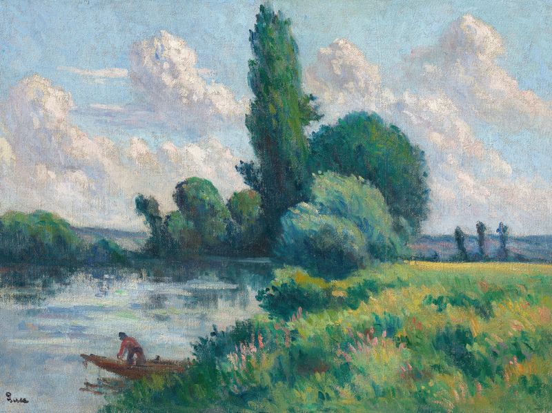 Rolleboise, Le petit bras de Seine de Maximilien Luce, óleo sobre tela que retrata uma paisagem de rio tranquila.
