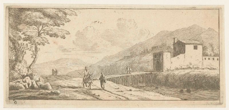 Landschap met een man op een ezel, gravura de Reinier Nooms, mostrando um homem em um burro em uma paisagem dourada.