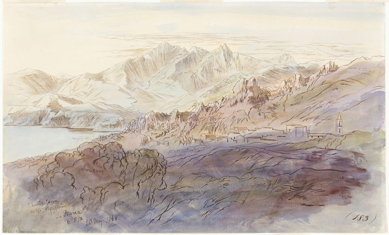 La Piana de Edward Lear, acuarela sobre papel que representa colinas bajo un cielo dorado.