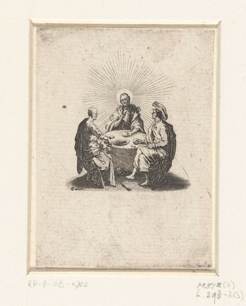 Gravura religiosa de Jacques Callot retratando uma refeição com expressões de surpresa.