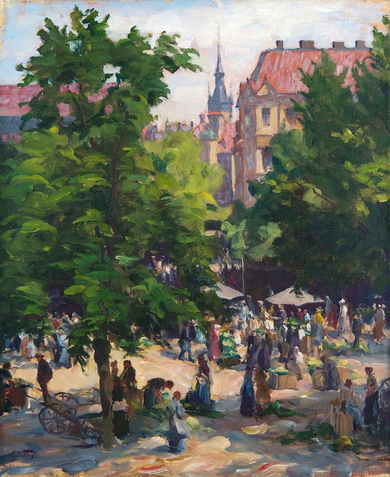 Genre scene with vendors and shoppers, oil painting by Charles Vetter
