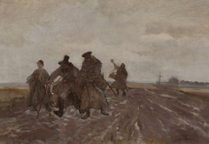 On the Road de Jozef Chelmonski, pintura al óleo que muestra a un viajero en un camino al atardecer.