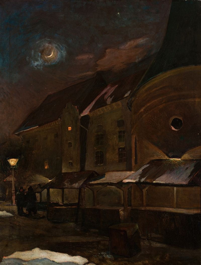 Small Market Square in Krakow at Night, impressionism by Henryk Szczygliński