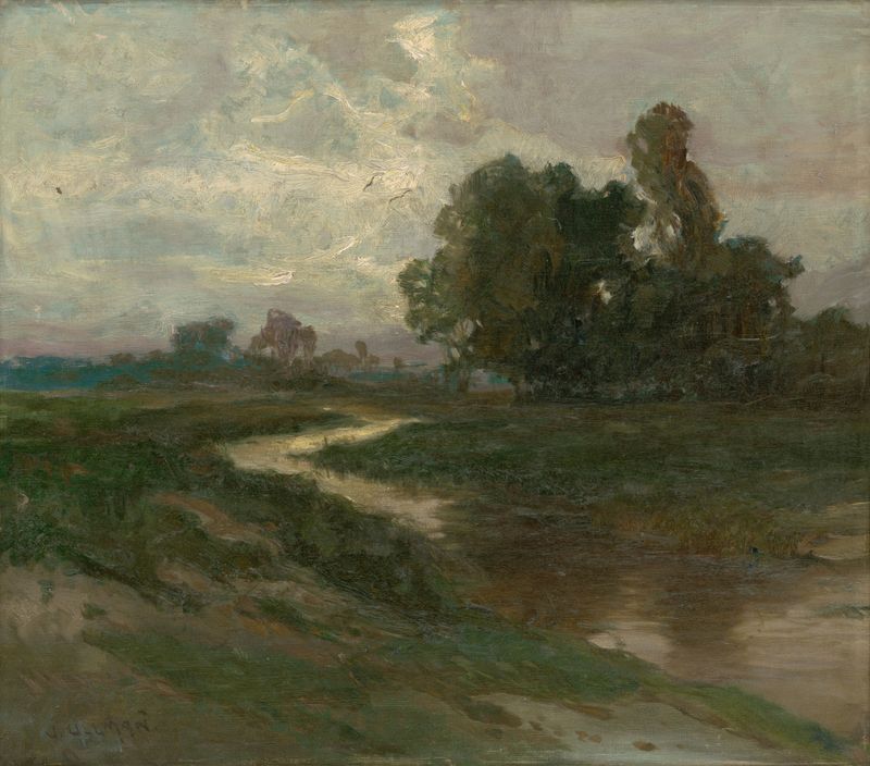 Noche de paisaje con un arroyo, óleo sobre lienzo de Josef Ullmann, que representa un arroyo tranquilo bajo la luz de la l...