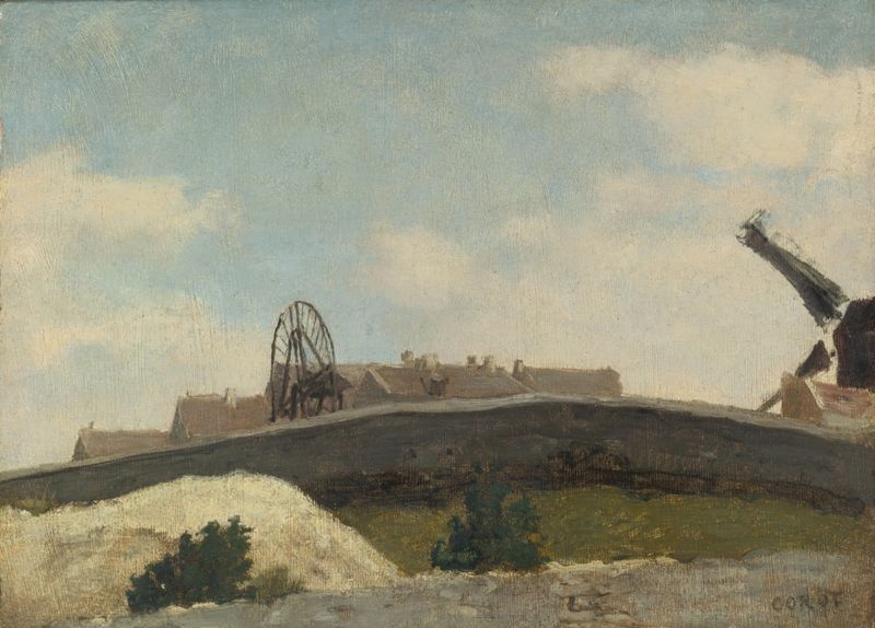 Paisaje de Montmartre con un muro y un moulin de Jean-Baptiste-Camille Corot, pintura al óleo